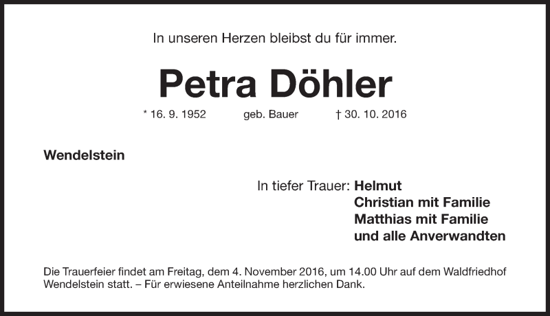  Traueranzeige für Petra Döhler vom 01.11.2016 aus Gesamtausgabe Nürnberger Nachrichten/ Nürnberger Ztg.