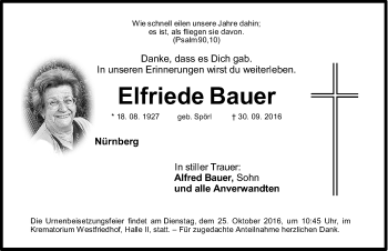 Traueranzeige von Elfriede Bauer von Gesamtausgabe Nürnberger Nachrichten/ Nürnberger Ztg.