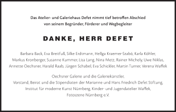 Traueranzeige von Hansfried Defet von Gesamtausgabe Nürnberger Nachrichten/ Nürnberger Ztg.