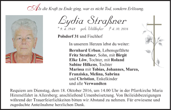 Traueranzeige von Lydia Straßner von Roth-Hilpoltsteiner Volkszeitung Lokal