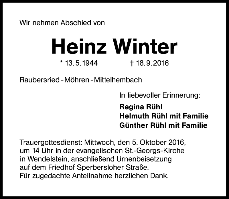  Traueranzeige für Heinz Winter vom 01.10.2016 aus Schwabach