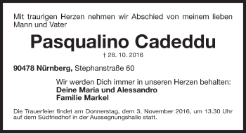Traueranzeige von Pasqualino Cadeddu von Gesamtausgabe Nürnberger Nachrichten/ Nürnberger Ztg.