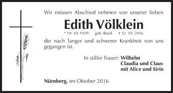 Traueranzeige von Edith Völklein von Gesamtausgabe Nürnberger Nachrichten/ Nürnberger Ztg.