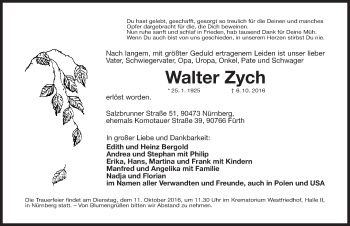 Traueranzeige von Walter Zych von Gesamtausgabe Nürnberger Nachrichten/ Nürnberger Ztg.