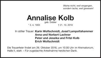 Traueranzeige von Annalise Kolb von Gesamtausgabe Nürnberger Nachrichten/ Nürnberger Ztg.