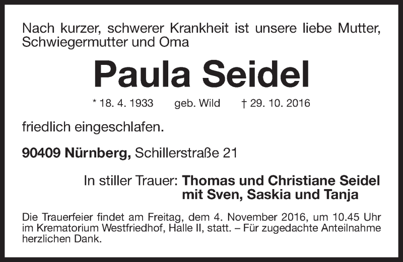  Traueranzeige für Paula Seidel vom 01.11.2016 aus Gesamtausgabe Nürnberger Nachrichten/ Nürnberger Ztg.