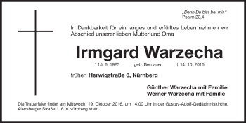 Traueranzeige von Irmgard Warzecha von Gesamtausgabe Nürnberger Nachrichten/ Nürnberger Ztg.