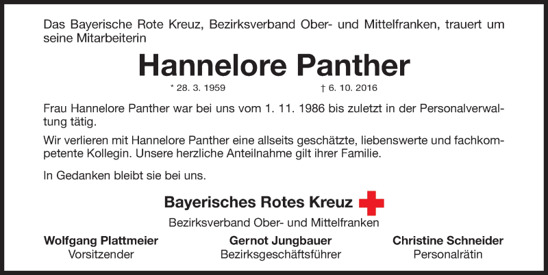  Traueranzeige für Hannelore Panther vom 10.10.2016 aus Gesamtausgabe Nürnberger Nachrichten/ Nürnberger Ztg.