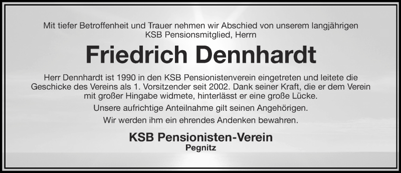  Traueranzeige für Friedrich Dennhardt vom 13.10.2016 aus Nordbayerische Nachrichten Pegnitz Lokal