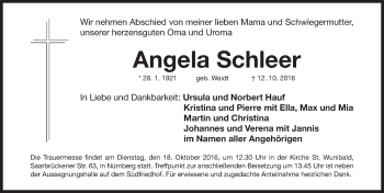 Traueranzeige von Angela Schleer von Gesamtausgabe Nürnberger Nachrichten/ Nürnberger Ztg.