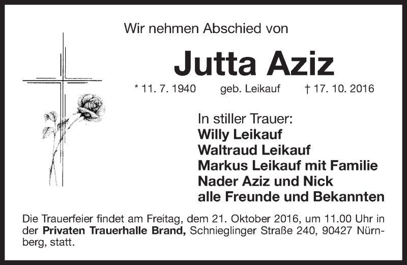  Traueranzeige für Jutta Aziz vom 19.10.2016 aus Gesamtausgabe Nürnberger Nachrichten/ Nürnberger Ztg.