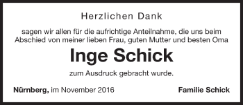 Traueranzeige von Inge Schick von Gesamtausgabe Nürnberger Nachrichten/ Nürnberger Ztg.