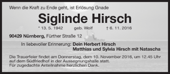Traueranzeige von Siglinde Hirsch von Gesamtausgabe Nürnberger Nachrichten/ Nürnberger Ztg.