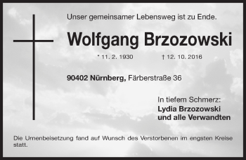 Traueranzeige von Wolfgang Brzozowski von Gesamtausgabe Nürnberger Nachrichten/ Nürnberger Ztg.