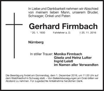 Traueranzeige von Gerhard Firmbach von Gesamtausgabe Nürnberger Nachrichten/ Nürnberger Ztg.
