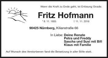 Traueranzeige von Fritz Hofmann von Gesamtausgabe Nürnberger Nachrichten/ Nürnberger Ztg.