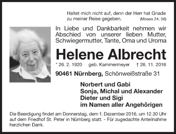 Traueranzeige von Helene Albrecht von Gesamtausgabe Nürnberger Nachrichten/ Nürnberger Ztg.