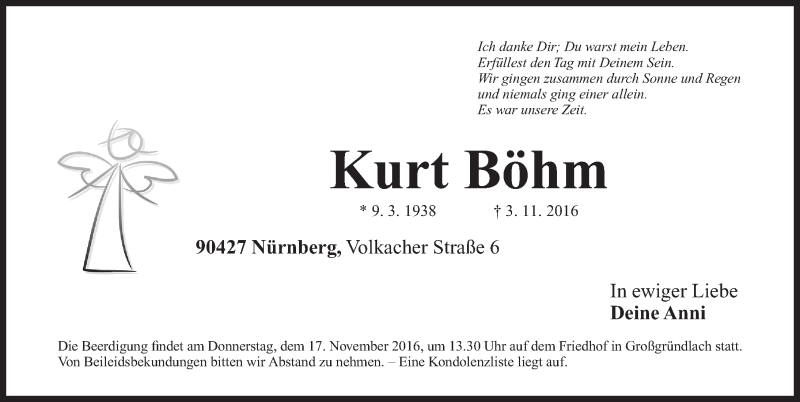  Traueranzeige für Kurt Böhm vom 12.11.2016 aus Gesamtausgabe Nürnberger Nachrichten/ Nürnberger Ztg.