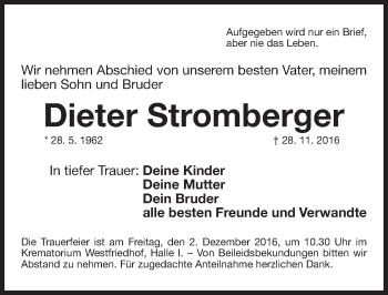 Traueranzeige von Dieter Stromberger von Gesamtausgabe Nürnberger Nachrichten/ Nürnberger Ztg.