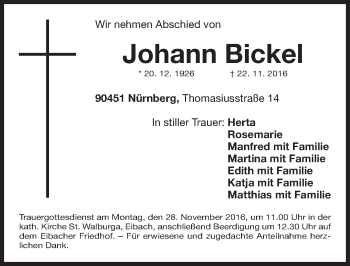 Traueranzeige von Johann Bickel von Gesamtausgabe Nürnberger Nachrichten/ Nürnberger Ztg.