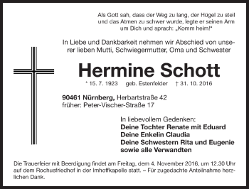 Traueranzeige von Hermine Schott von Gesamtausgabe Nürnberger Nachrichten/ Nürnberger Ztg.