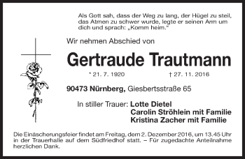 Traueranzeige von Gertraude Trautmann von Gesamtausgabe Nürnberger Nachrichten/ Nürnberger Ztg.