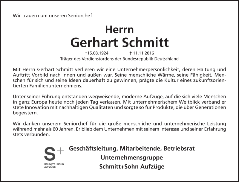 Traueranzeige für Gerhart Schmitt vom 15.11.2016 aus Gesamtausgabe Nürnberger Nachrichten/ Nürnberger Ztg.