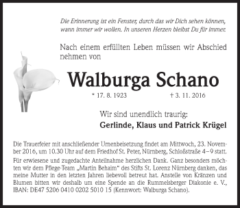 Traueranzeige von Walburga Schano von Gesamtausgabe Nürnberger Nachrichten/ Nürnberger Ztg.