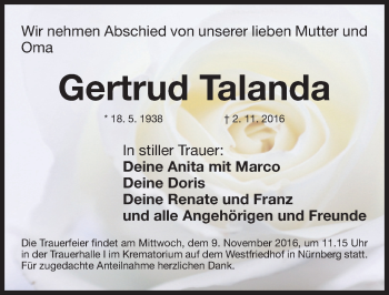 Traueranzeige von Gertrud Talanda von Gesamtausgabe Nürnberger Nachrichten/ Nürnberger Ztg.