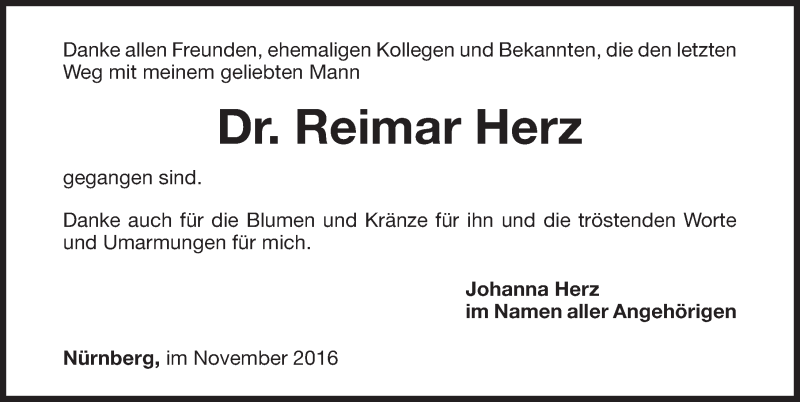  Traueranzeige für Reimar Herz vom 19.11.2016 aus Gesamtausgabe Nürnberger Nachrichten/ Nürnberger Ztg.