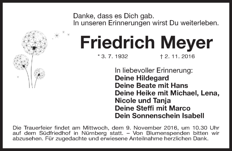  Traueranzeige für Friedrich Meyer vom 05.11.2016 aus Gesamtausgabe Nürnberger Nachrichten/ Nürnberger Ztg.