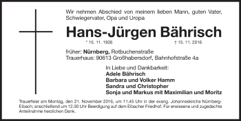 Traueranzeige von Hans-Jürgen Bährisch von Gesamtausgabe Nürnberger Nachrichten/ Nürnberger Ztg./ Fürther Nachrichten