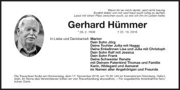 Traueranzeige von Gerhard Hümmer von Gesamtausgabe Nürnberger Nachrichten/ Nürnberger Ztg.