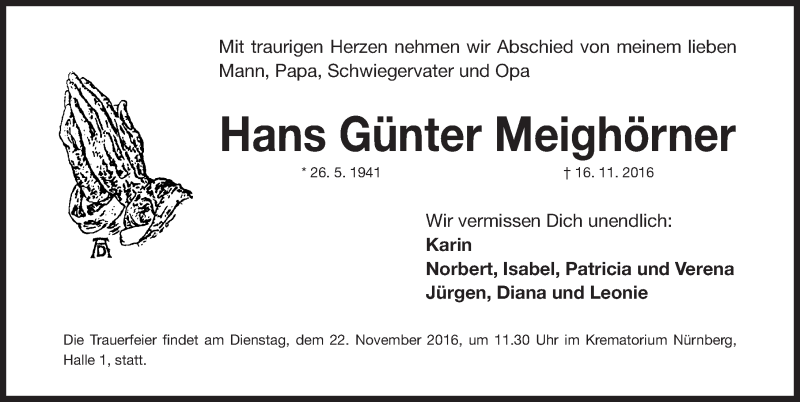  Traueranzeige für Hans Günter Meighörner vom 19.11.2016 aus Gesamtausgabe Nürnberger Nachrichten/ Nürnberger Ztg.