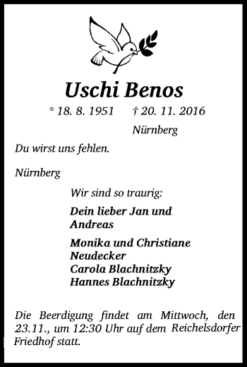Traueranzeige von Uschi Benos von Gesamtausgabe Nürnberger Nachrichten/ Nürnberger Ztg.