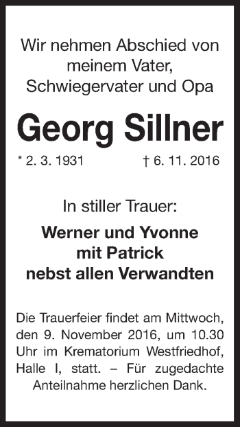 Traueranzeige von Georg Sillner von Gesamtausgabe Nürnberger Nachrichten/ Nürnberger Ztg.