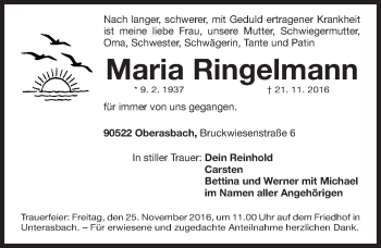 Traueranzeige von Maria Ringelmann von Fürther Nachrichten Lokal