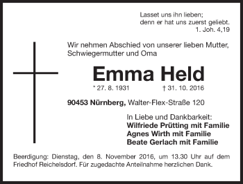 Traueranzeige von Emma Held von Gesamtausgabe Nürnberger Nachrichten/ Nürnberger Ztg.
