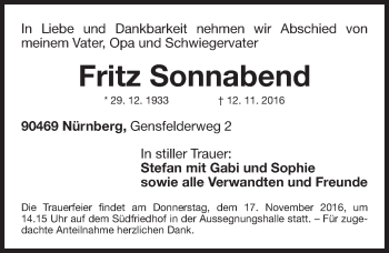 Traueranzeige von Fritz Sonnabend von Gesamtausgabe Nürnberger Nachrichten/ Nürnberger Ztg.