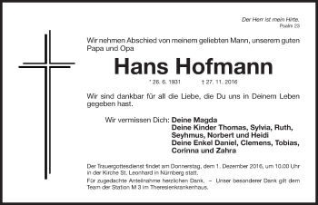 Traueranzeige von Hans Hofmann von Gesamtausgabe Nürnberger Nachrichten/ Nürnberger Ztg.