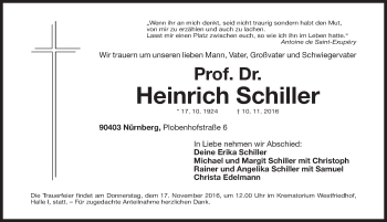 Traueranzeige von Heinrich Schiller von Gesamtausgabe Nürnberger Nachrichten/ Nürnberger Ztg.