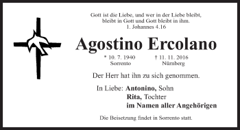 Traueranzeige von Agostino Ercolano von Gesamtausgabe Nürnberger Nachrichten/ Nürnberger Ztg.