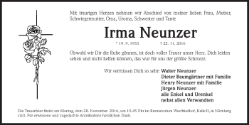 Traueranzeige von Irma Neunzer von Gesamtausgabe Nürnberger Nachrichten/ Nürnberger Ztg.