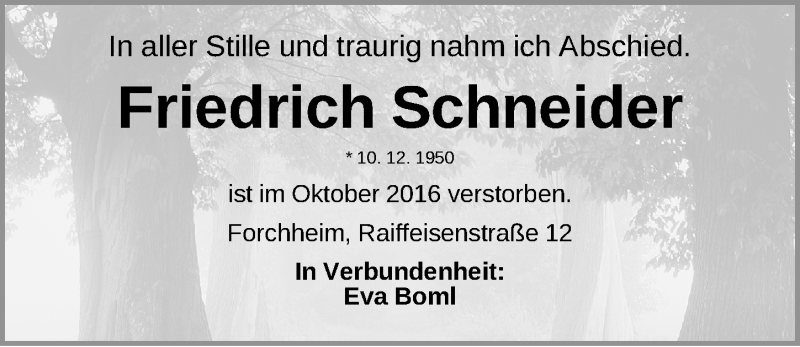  Traueranzeige für Friedrich Schneider vom 09.11.2016 aus Nordbayerische Nachrichten Forchheim Lokal