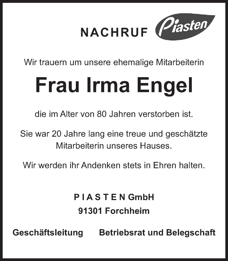  Traueranzeige für Irma Engel vom 09.11.2016 aus Nordbayerische Nachrichten Forchheim Lokal