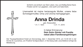 Traueranzeige von Anna Drinda von Gesamtausgabe Nürnberger Nachrichten/ Nürnberger Ztg.