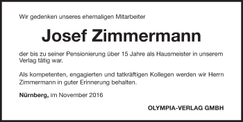 Traueranzeige von Josef Zimmermann von Gesamtausgabe Nürnberger Nachrichten/ Nürnberger Ztg.