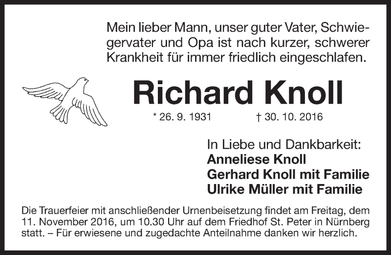  Traueranzeige für Richard Knoll vom 09.11.2016 aus Gesamtausgabe Nürnberger Nachrichten/ Nürnberger Ztg.