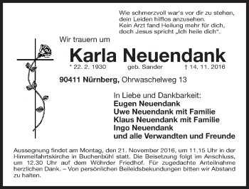 Traueranzeige von Karla Neuendank von Gesamtausgabe Nürnberger Nachrichten/ Nürnberger Ztg.
