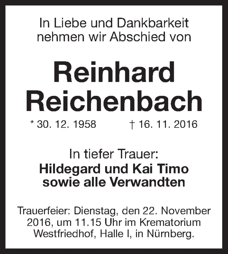  Traueranzeige für Reinhard Reichenbach vom 19.11.2016 aus Gesamtausgabe Nürnberger Nachrichten/ Nürnberger Ztg.